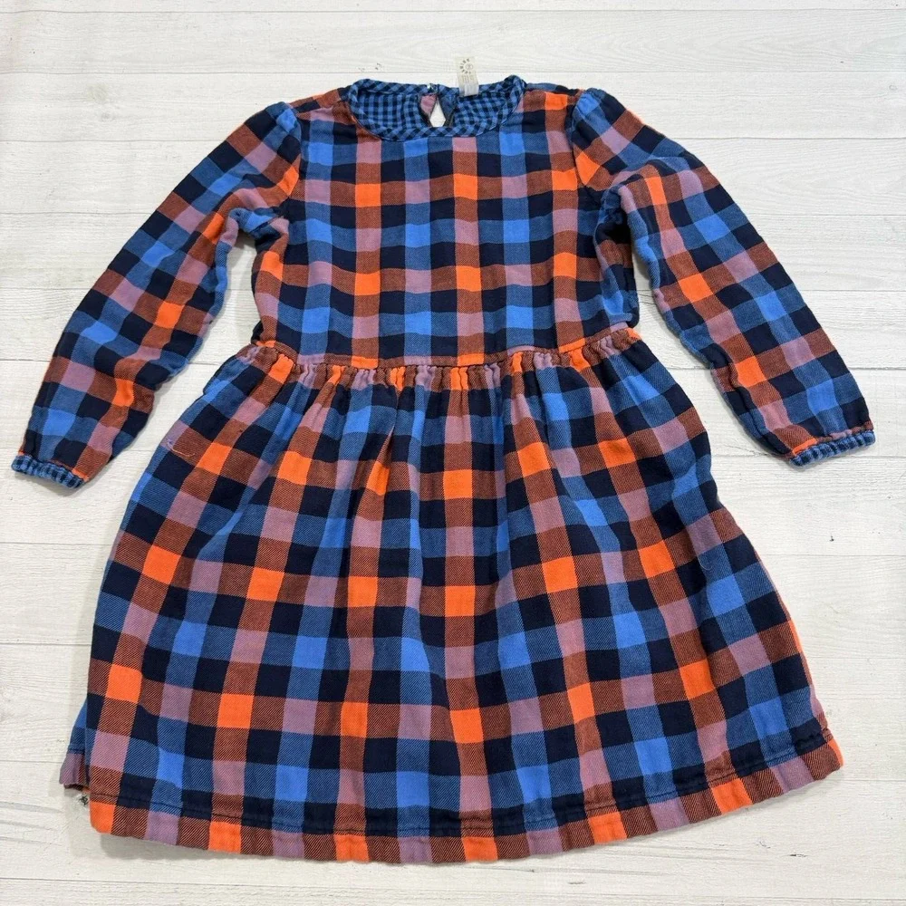 Primary‎ girls blue orange long sleeve plaid dress size 8/9